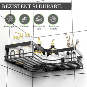 Set 2 Etajere pe Colt, Cleme Banda Adeziva, Rezistent la Umezeala, Usor de Montat, Fixare pe Perete, din Metal, Negru