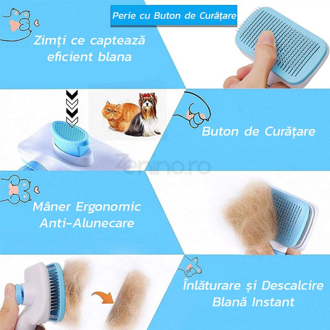 Perie de Par pentru Caini si Pisici - 2in1, Buton de Curatare, Perie si Trimmer, Pentru Descalcirea si Inlaturarea Blanii, Albastru