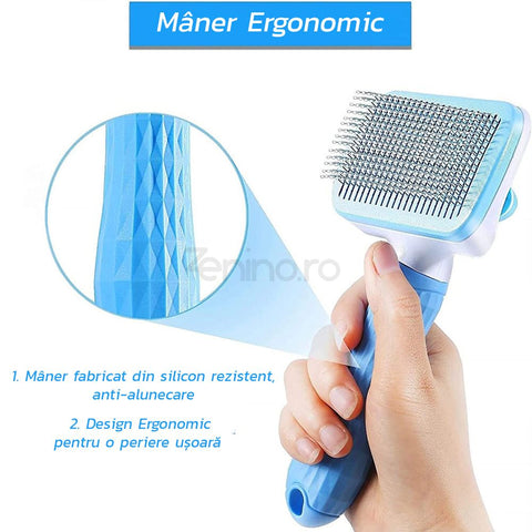 Perie de Par pentru Caini si Pisici - 2in1, Buton de Curatare, Perie si Trimmer, Pentru Descalcirea si Inlaturarea Blanii, Albastru