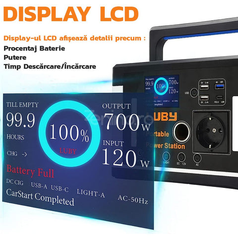 Statie de Incarcare Portabila, 1000W, Display LCD, Baterie Litiu-Ion 577Wh, 6 Porturi de Iesire, 3 Moduri de Incarcare, Tensiune 220V, Negru/Gri