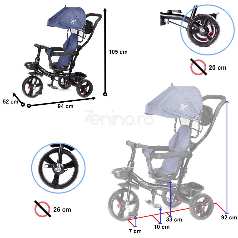 Tricicleta 3in1 V3 LITE - Multifunctionala, Carucior, Scaun Reversibil, Borseta, Prelata Detasabila, Albastru