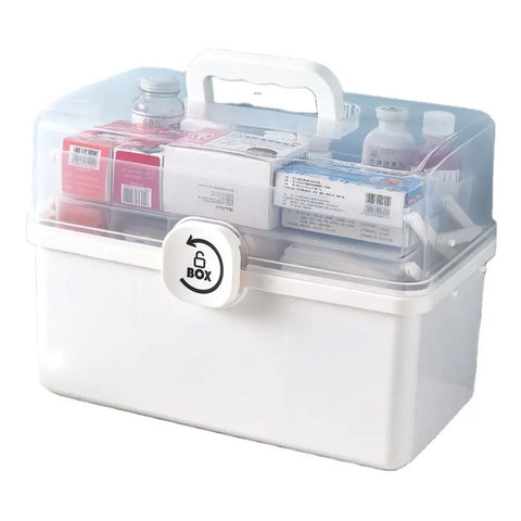Organizator Medicamente - 3 Compartimente, Rafturi Pliabile, Portabil, Inchidere Securizata, 34x21,5x19 cm