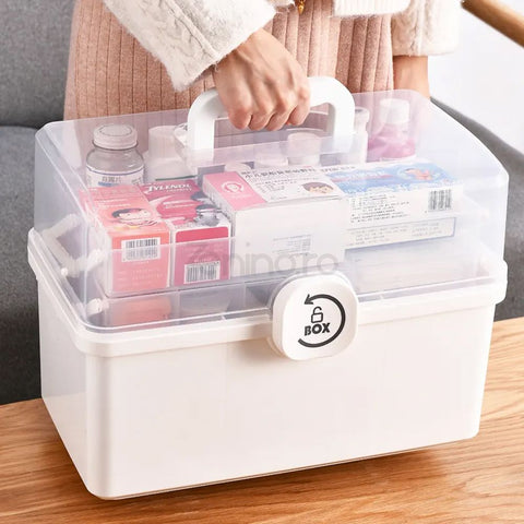 Organizator Medicamente - 3 Compartimente, Rafturi Pliabile, Portabil, Inchidere Securizata, 34x21,5x19 cm
