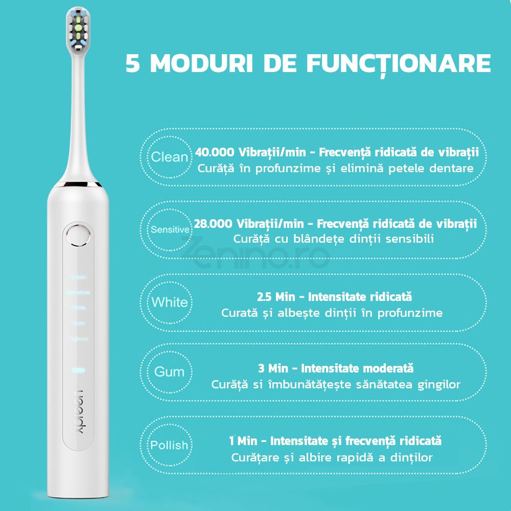 Periuta de Dinti Electrica Xpreen XPRE035 -  Sonica, Waterproof, Curatare Eficienta, 5 Programe, 40000 Oscilatii/min, IPX7, 2000mAh, 1 Capat, Alb
