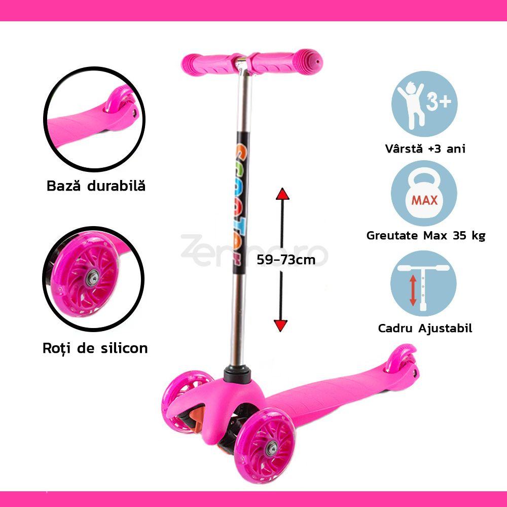 Trotineta Copii cu 3 Roti - Ajustabila pe Inaltime 59- 73cm, Roti Silicon, +3 Ani, Cadru Metalic, Roz
