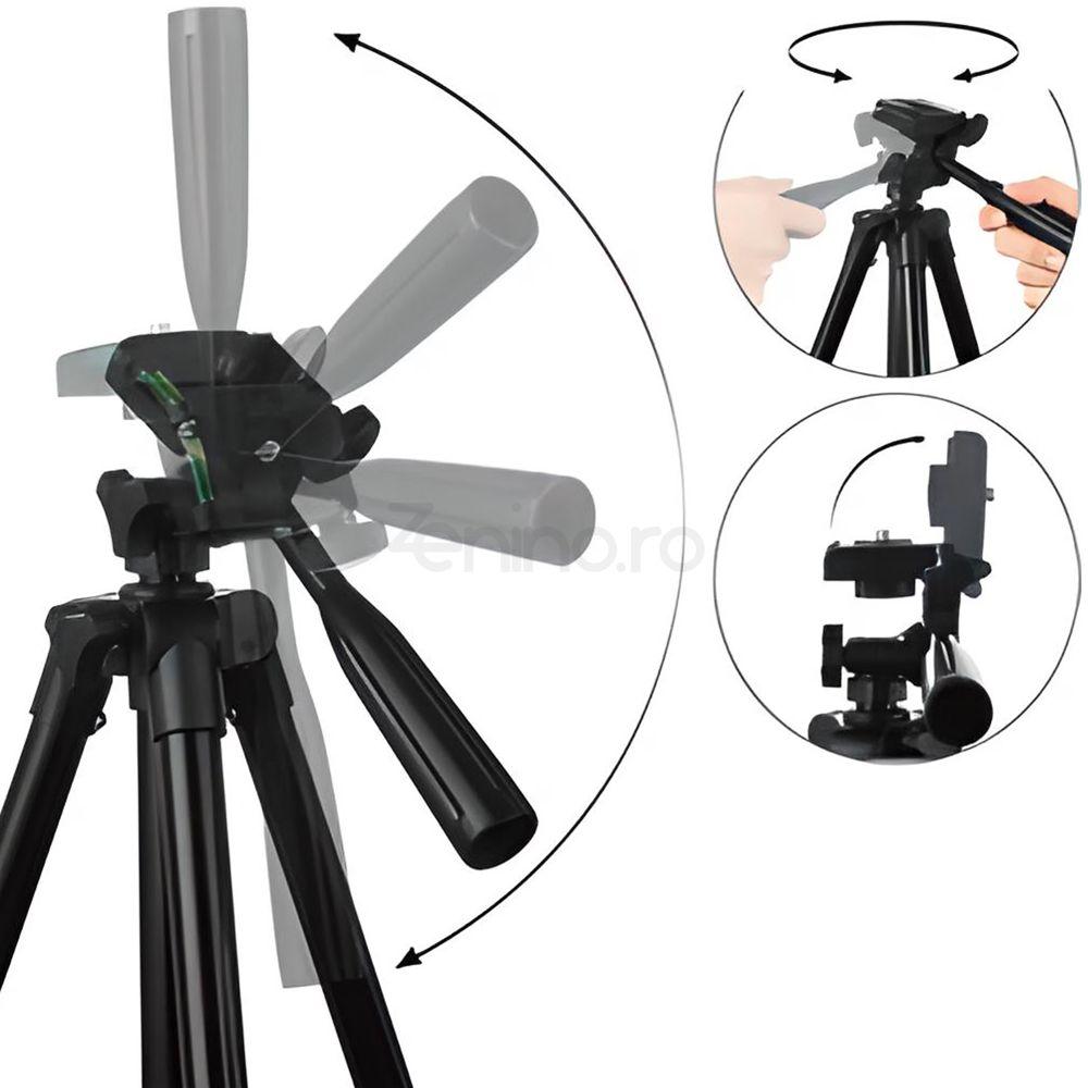 Trepied Foto Telescopic 4in1, Camera, Telefon, Telecomanda Bluetooth si Husa Incluse, Universal, Ajustabil, 35-100cm, Plastic/Aluminiu, Negru