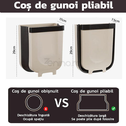 Cos de Gunoi Pliabil - Capacitate 8L, Suspendat, Compact, pentru Dulap, Plastic/Silicon, Crem