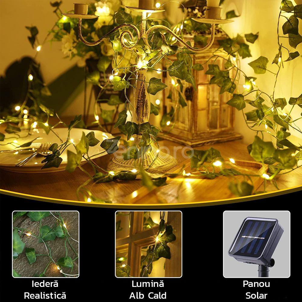 Ghirlanda cu Panou Solar, Iedera, 8 Moduri de Lumina, 100 LED-uri Fairy Lights, IP44, Lungime 10m, Fir Cupru Flexibil, Alb Cald