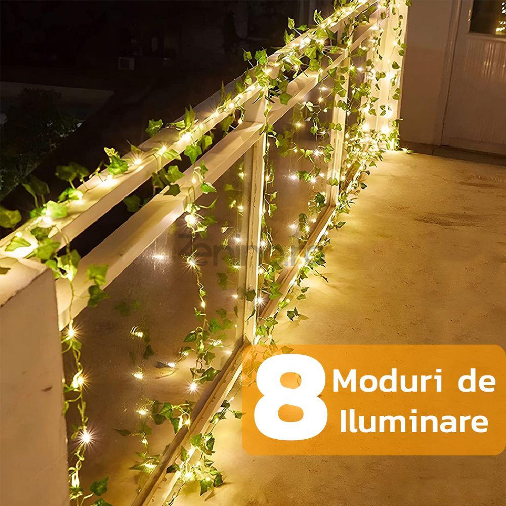 Ghirlanda cu Panou Solar, Iedera, 8 Moduri de Lumina, 100 LED-uri Fairy Lights, IP44, Lungime 10m, Fir Cupru Flexibil, Alb Cald