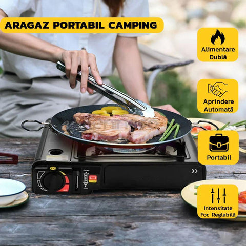 Aragaz Portabil Camping - Aprindere Automata, 2 Moduri de Alimentare, 2500W, Geanta Transport Inclusa, 34x26x10.5cm, Negru