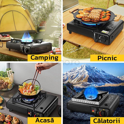 Aragaz Portabil Camping - Aprindere Automata, 2 Moduri de Alimentare, 2500W, Geanta Transport Inclusa, 34x26x10.5cm, Negru