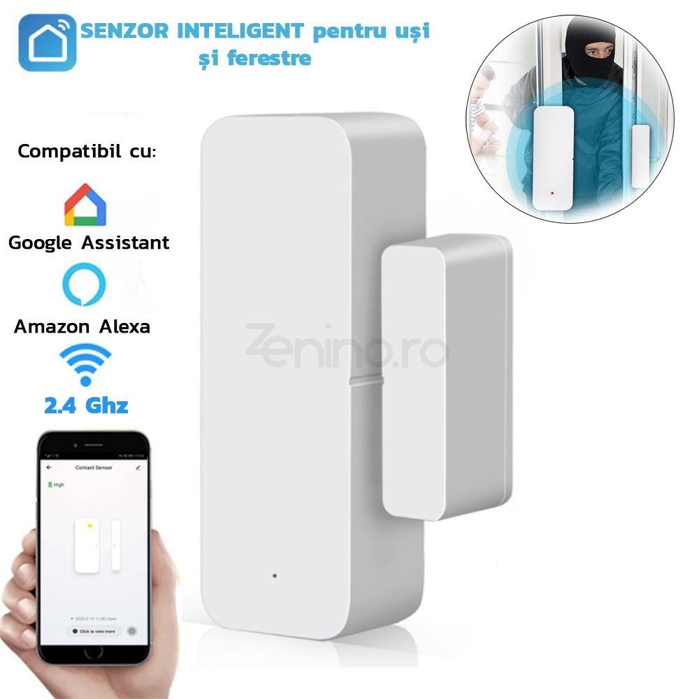 Senzor Smart Usa si Fereastra - Wireless 2.4Ghz, Compatibil Alexa si Google Assistant, Notificari pe Telefon, Baterii, Dimensiuni Reduse, Alb