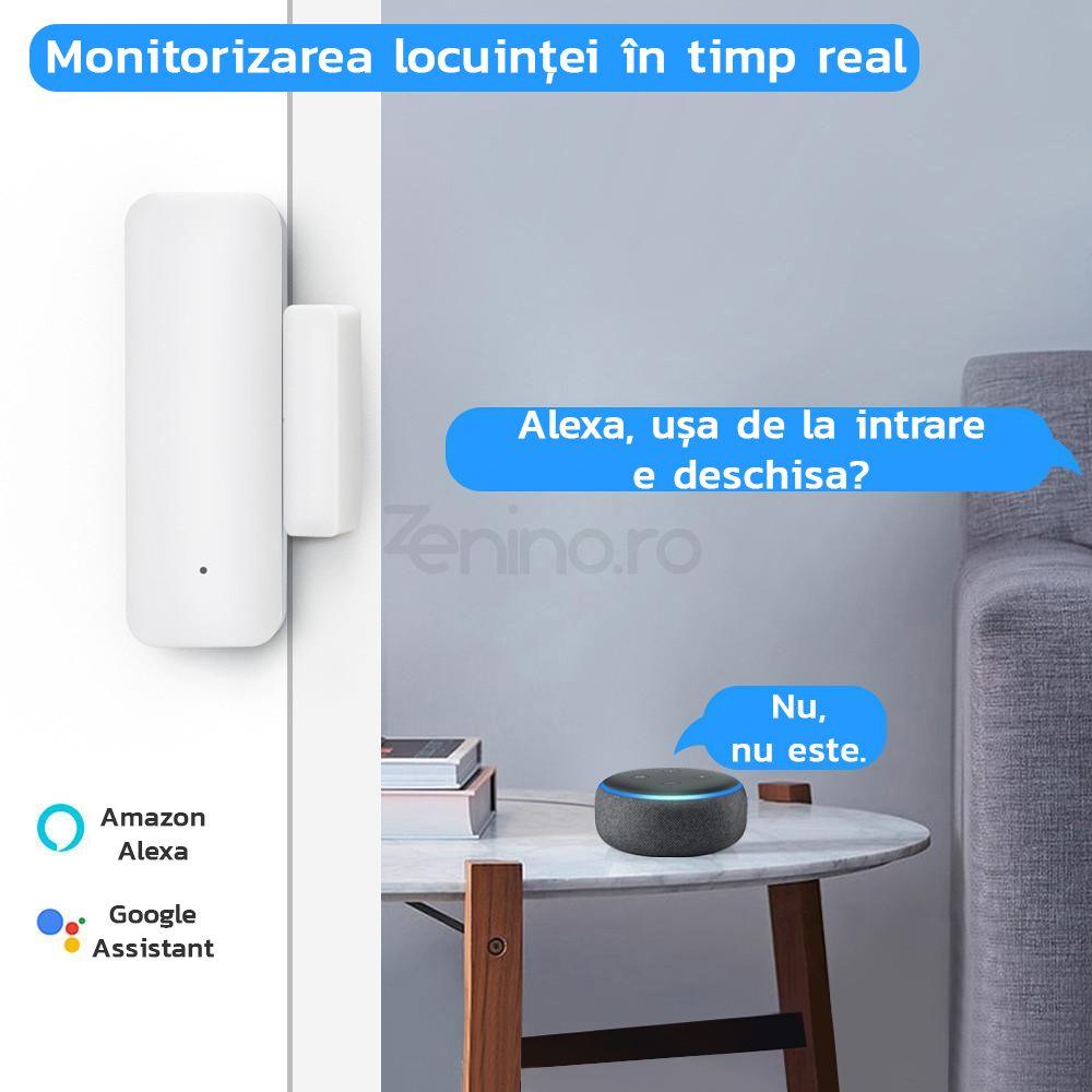 Senzor Smart Usa si Fereastra - Wireless 2.4Ghz, Compatibil Alexa si Google Assistant, Notificari pe Telefon, Baterii, Dimensiuni Reduse, Alb