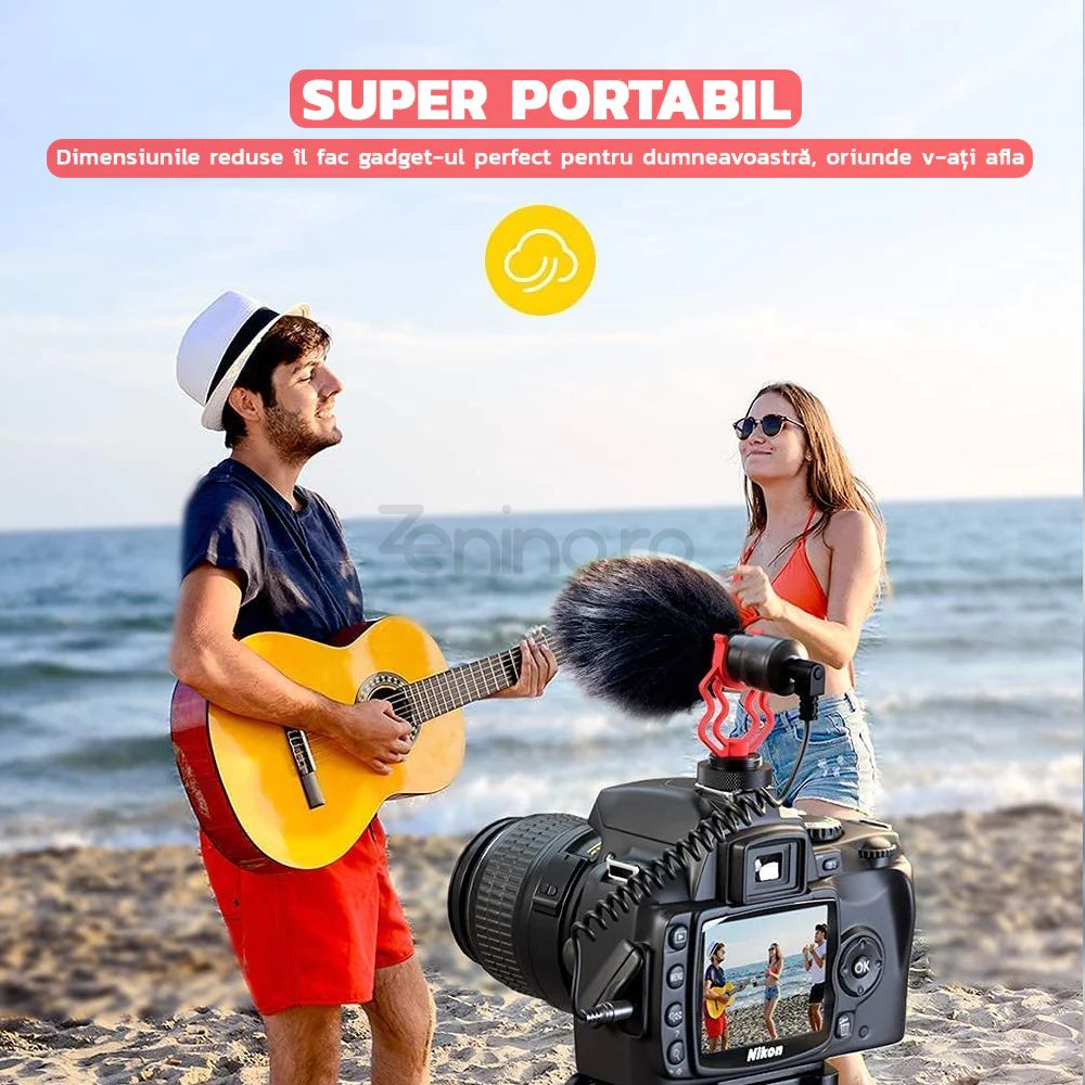 Microfon Cardioid - Noise Cancelling, Protectie Anti-Soc, Sunet HD, Accesorii Incluse, Compatibilitate Camera/Telefon/Pc, Rosu/Negru