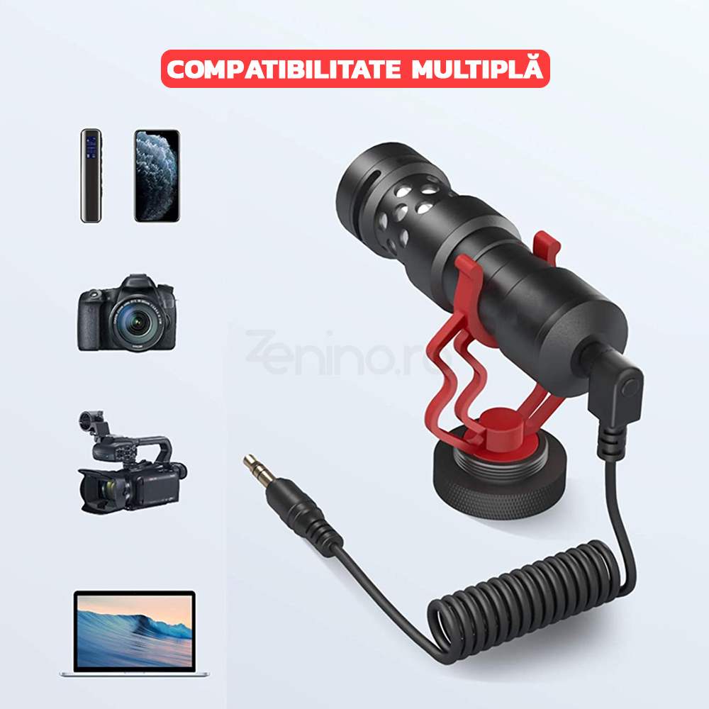 Microfon Cardioid - Noise Cancelling, Protectie Anti-Soc, Sunet HD, Accesorii Incluse, Compatibilitate Camera/Telefon/Pc, Rosu/Negru