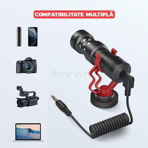 Microfon Cardioid - Noise Cancelling, Protectie Anti-Soc, Sunet HD, Accesorii Incluse, Compatibilitate Camera/Telefon/Pc, Rosu/Negru