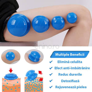 Set of 4 Massage Cupping Cups, Therapeutic, Anti-Cellulite, Relaxation, Soft Silicone, Transparent/Blue