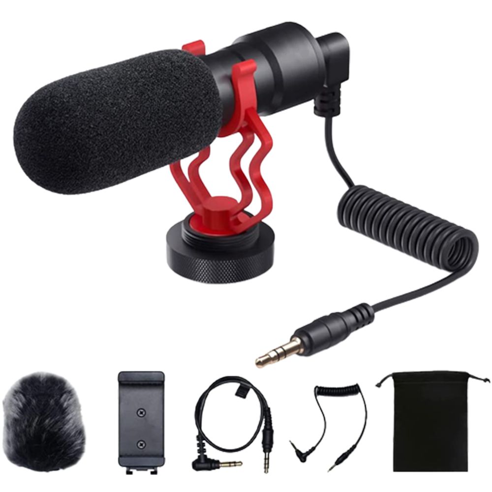 Microfon Cardioid - Noise Cancelling, Protectie Anti-Soc, Sunet HD, Accesorii Incluse, Compatibilitate Camera/Telefon/Pc, Rosu/Negru