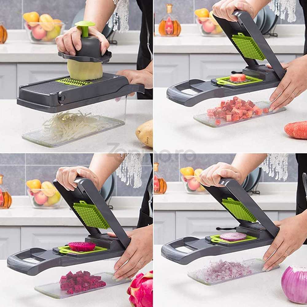Razatoare Multifunctionala 15in1 - 20 Piese, 13 Tipuri de Feliere, Fructe, Legume, Branzeturi, Otel Inoxidabil, Verde/Gri