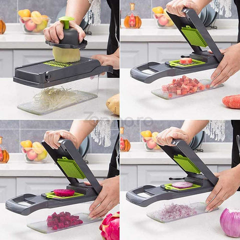 Razatoare Multifunctionala 15in1 - 20 Piese, 13 Tipuri de Feliere, Fructe, Legume, Branzeturi, Otel Inoxidabil, Verde/Gri