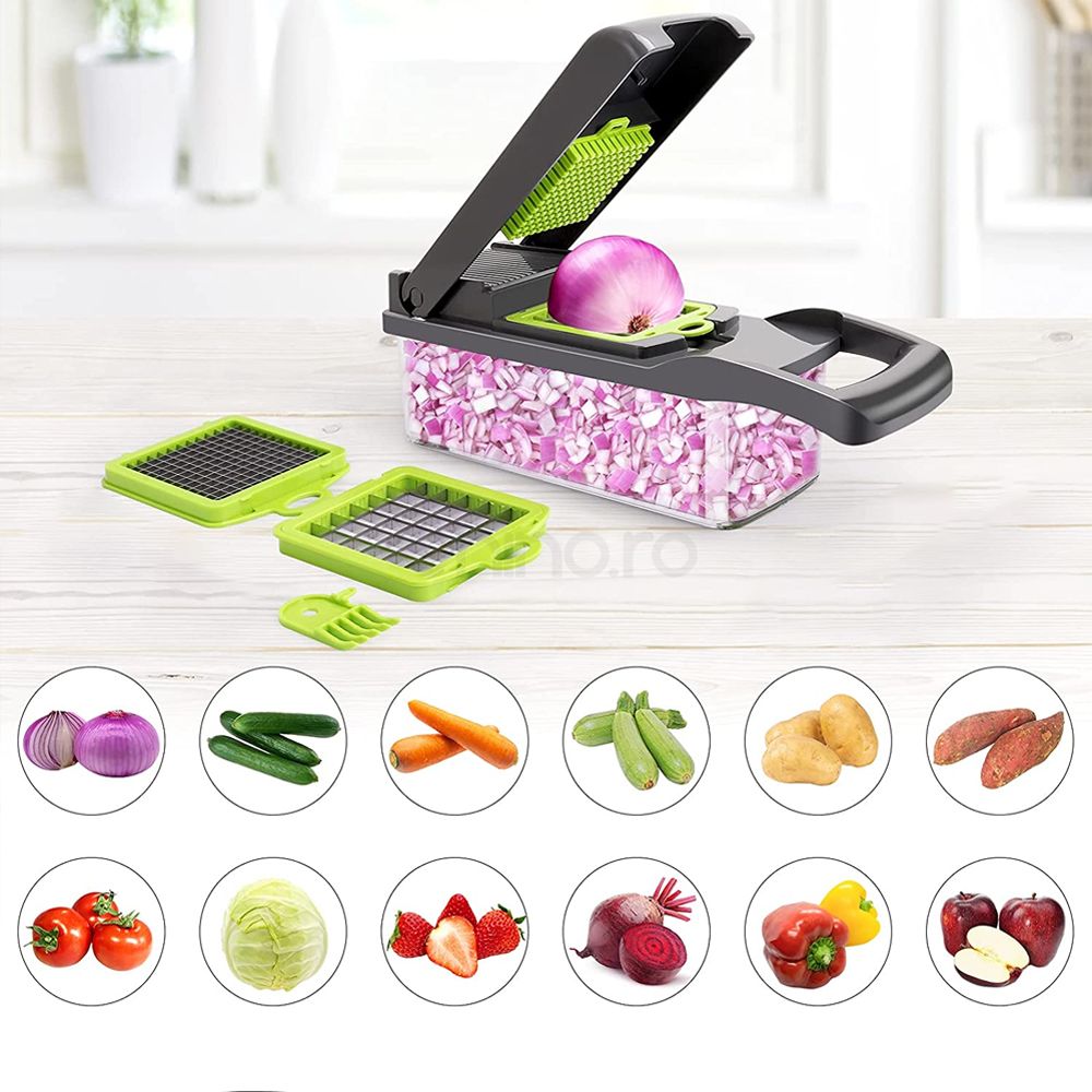 Razatoare Multifunctionala 15in1 - 20 Piese, 13 Tipuri de Feliere, Fructe, Legume, Branzeturi, Otel Inoxidabil, Verde/Gri