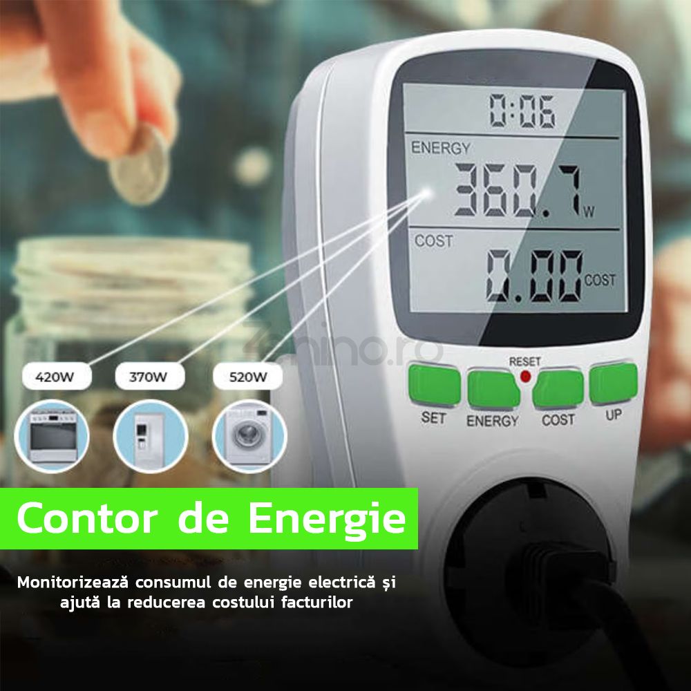 Priza cu Contor de Energie - Afisaj Digital, Monitorizare Consum Electric, Setare Cost kWh, Amperaj, Tensiune, Alb