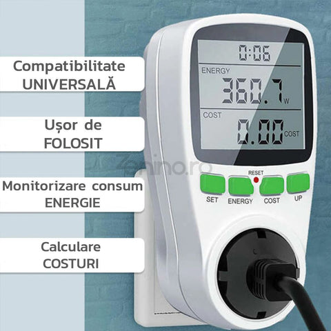 Priza cu Contor de Energie - Afisaj Digital, Monitorizare Consum Electric, Setare Cost kWh, Amperaj, Tensiune, Alb