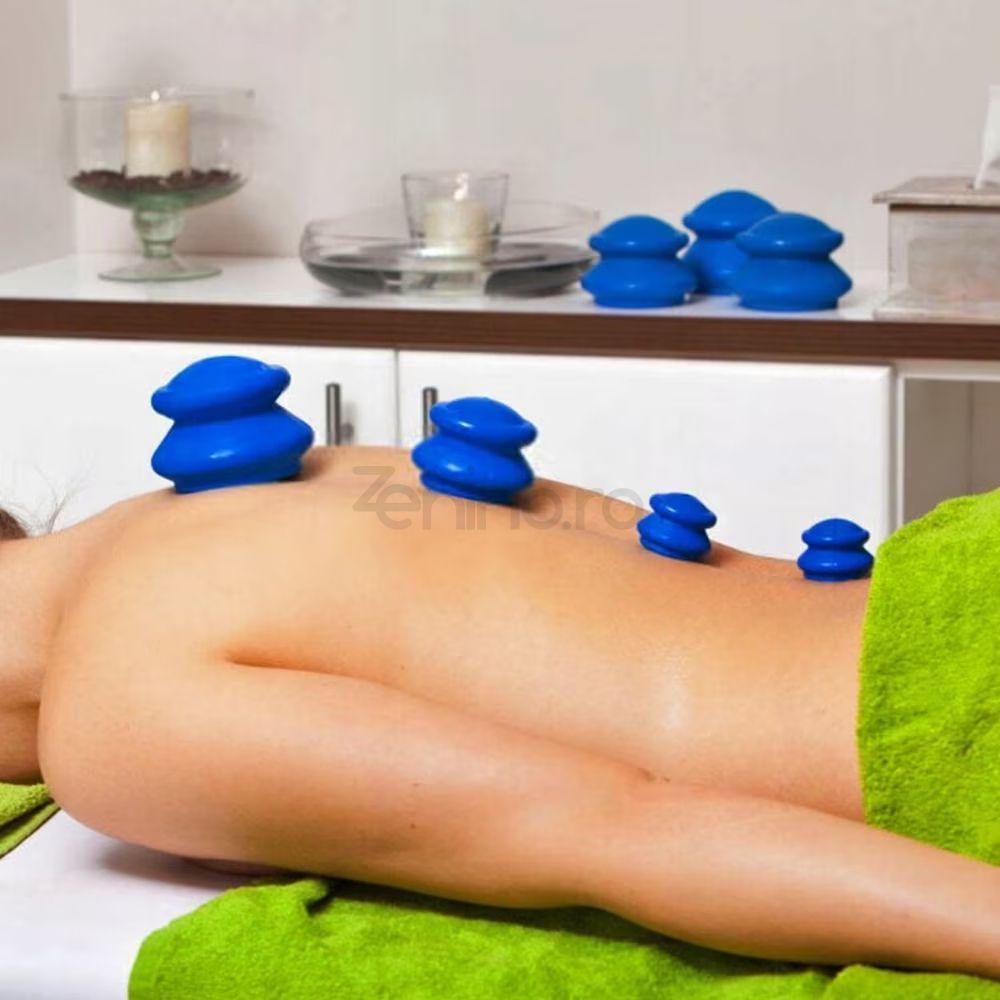 Set of 4 Massage Cupping Cups, Therapeutic, Anti-Cellulite, Relaxation, Soft Silicone, Transparent/Blue