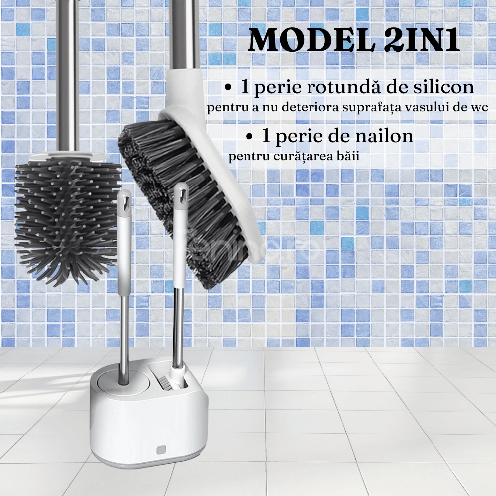 2in1 Toilet Brush, Efficient Cleaning, Silicone Brush, Hygienic Container, Tile Brush, 42cm, White