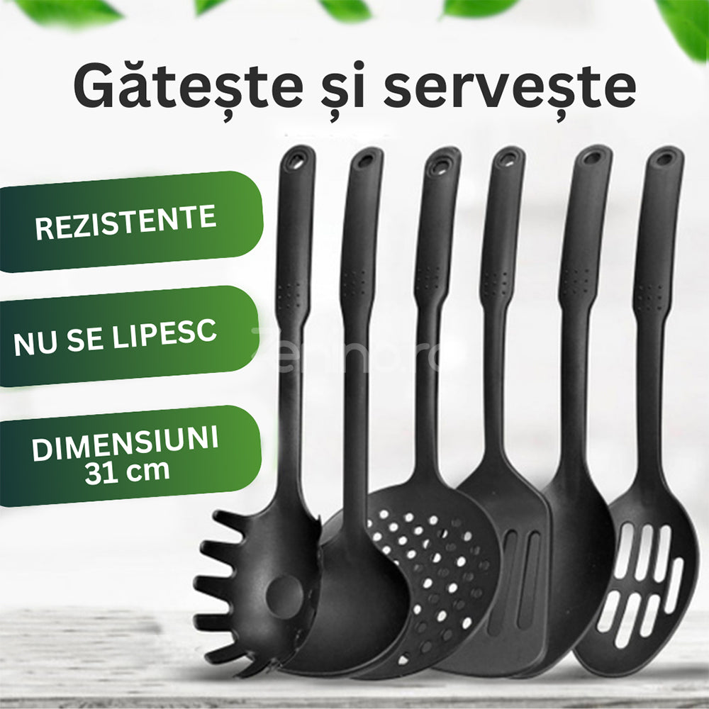 Set 6 Ustensile Bucatarie, Rezistente la Caldura, Curatare Usoara, Durabilitate Crescuta, Non-toxic, Material Calitativ, Negru