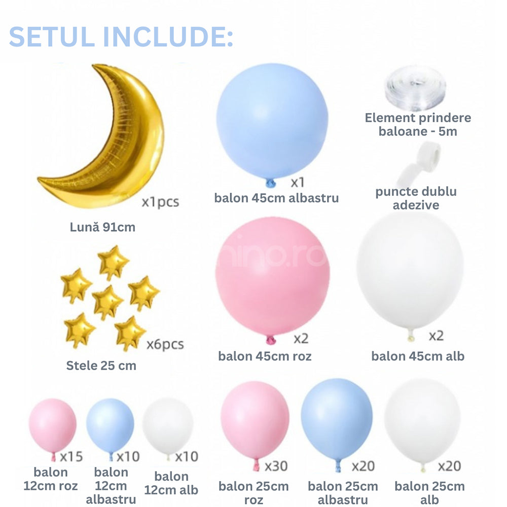 Set 119 Baloane Petrecere, Rezistente, 3 Dimensiuni Diferite, Luna si Stele, Culori Vibrante