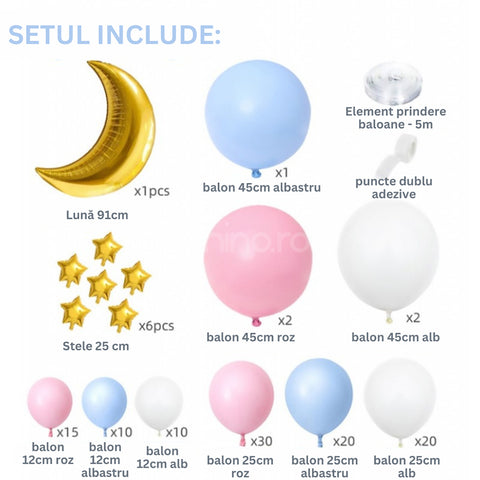 Set 119 Baloane Petrecere, Rezistente, 3 Dimensiuni Diferite, Luna si Stele, Culori Vibrante