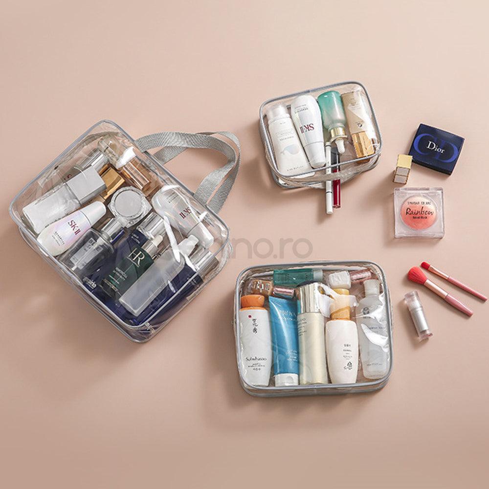 Set 3 Genti Organizatoare Cosmetice, Waterproof, 3 Dimensiuni Diferite, PVC, Calatorie/Voiaj, Transparent