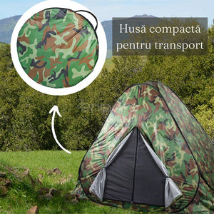 Cort Camping Instant, Capacitate 3-4 Persoane, 200x200cm, Impermeabil, Husa Inclusa, Camuflaj Army