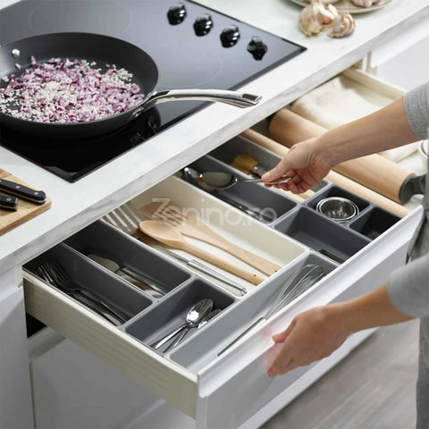 Organizator Sertar, 10 Compartimente, Bucatarie, Unelte, Birotica, Spatios, Sistem Prindere, 52x43.5x5cm, Alb/Gri
