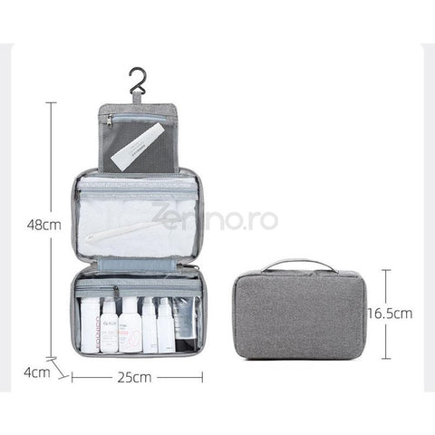 Geanta Cosmetice, pentru Voiaj, 3 Compartimente, Imperbeabil, Agatatoare, Material Textil, Gri