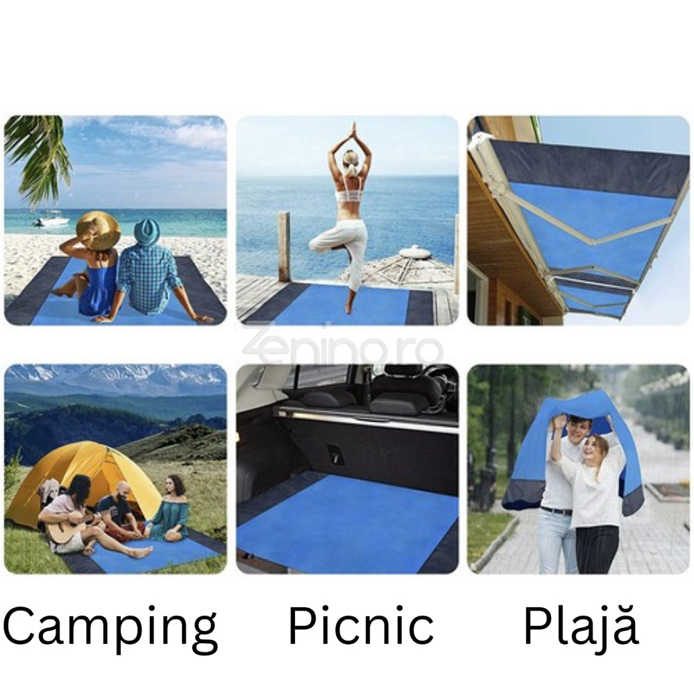 Patura Picnic, Impermeabila, 4 Carlige, Husa, 6 Buzunarase, 208cm x 208cm, Albastra