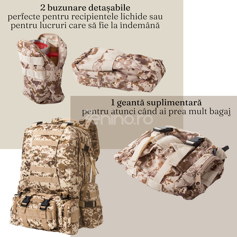 Rucsac Militar Tactic, pentru Drumetii, 48.5L, Geanta Suplimentara, Buzunare Detasabile, Centuri de Prindere, Material Rezistent, 50x55x16cm