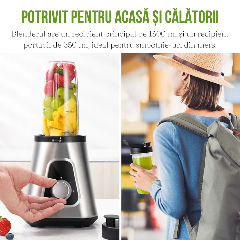 Blender Profesional pentru Smoothie, 1200W, 2 Recipiente, 1500ml, Lame Inox