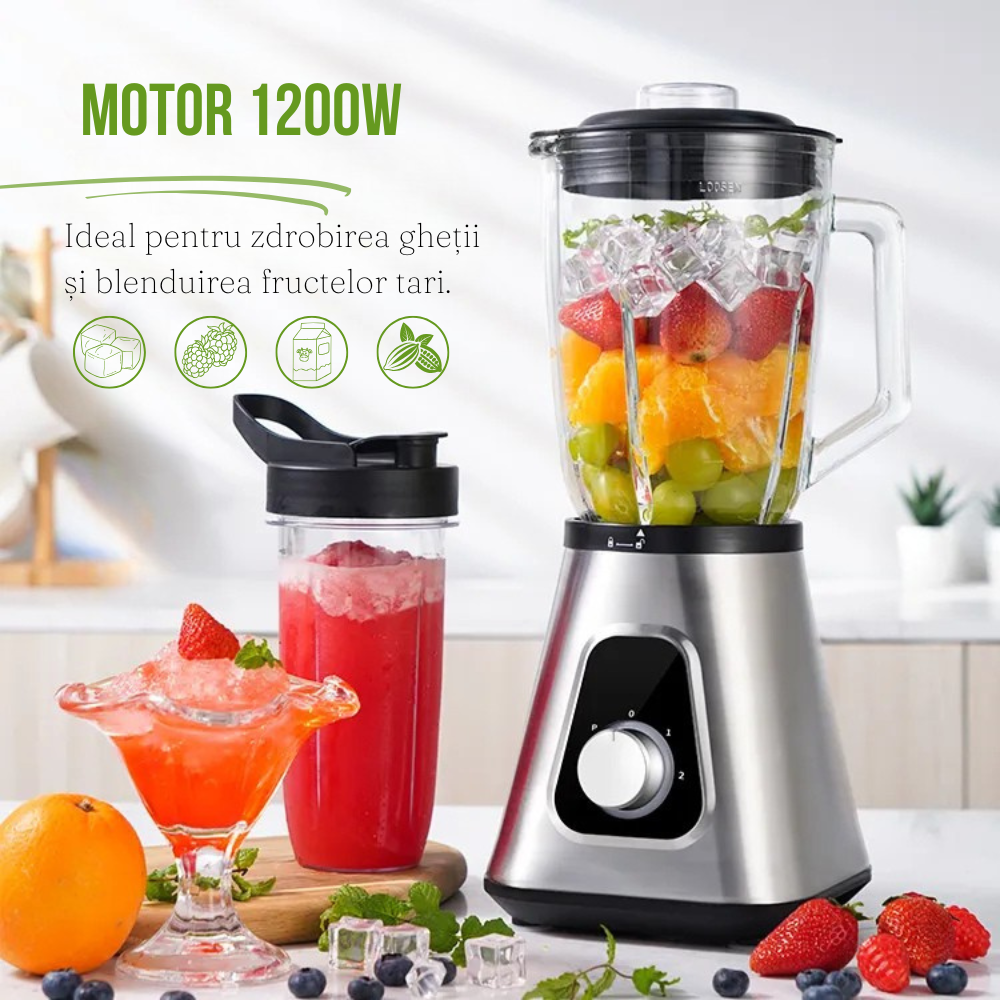 Blender Profesional pentru Smoothie, 1200W, 2 Recipiente, 1500ml, Lame Inox