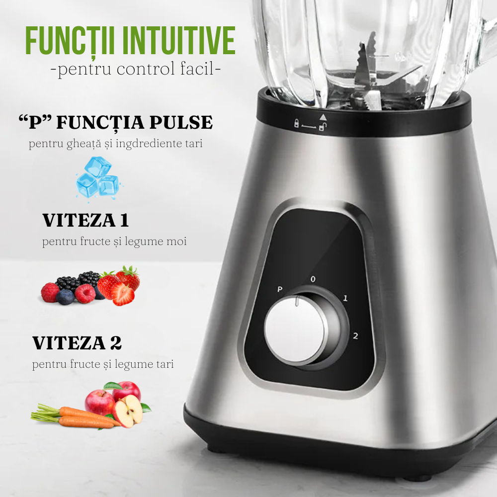 Blender Profesional pentru Smoothie, 1200W, 2 Recipiente, 1500ml, Lame Inox