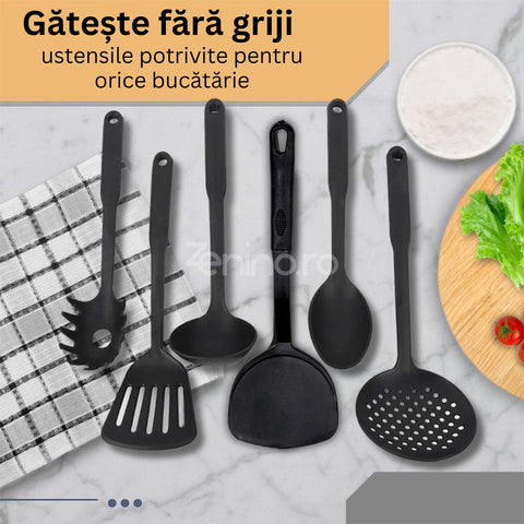 Set 6 Ustensile Bucatarie, Rezistente la Caldura, Curatare Usoara, Durabilitate Crescuta, Non-toxic, Material Calitativ, Negru