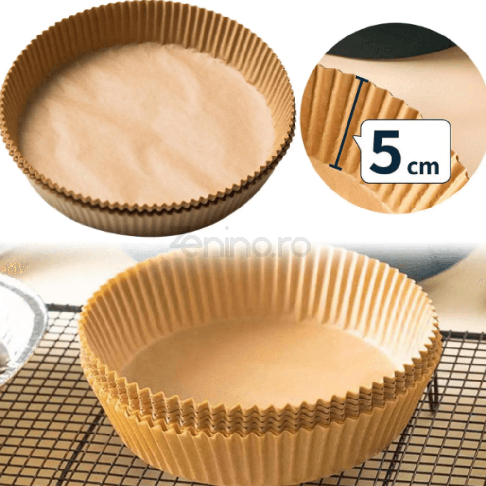 Set 100 Hartii de Copt, pentru Airfryer, Antiaderent, Rezistent la Caldura, Unica Folosinta, Model Rotund, 5x16cm, Maro