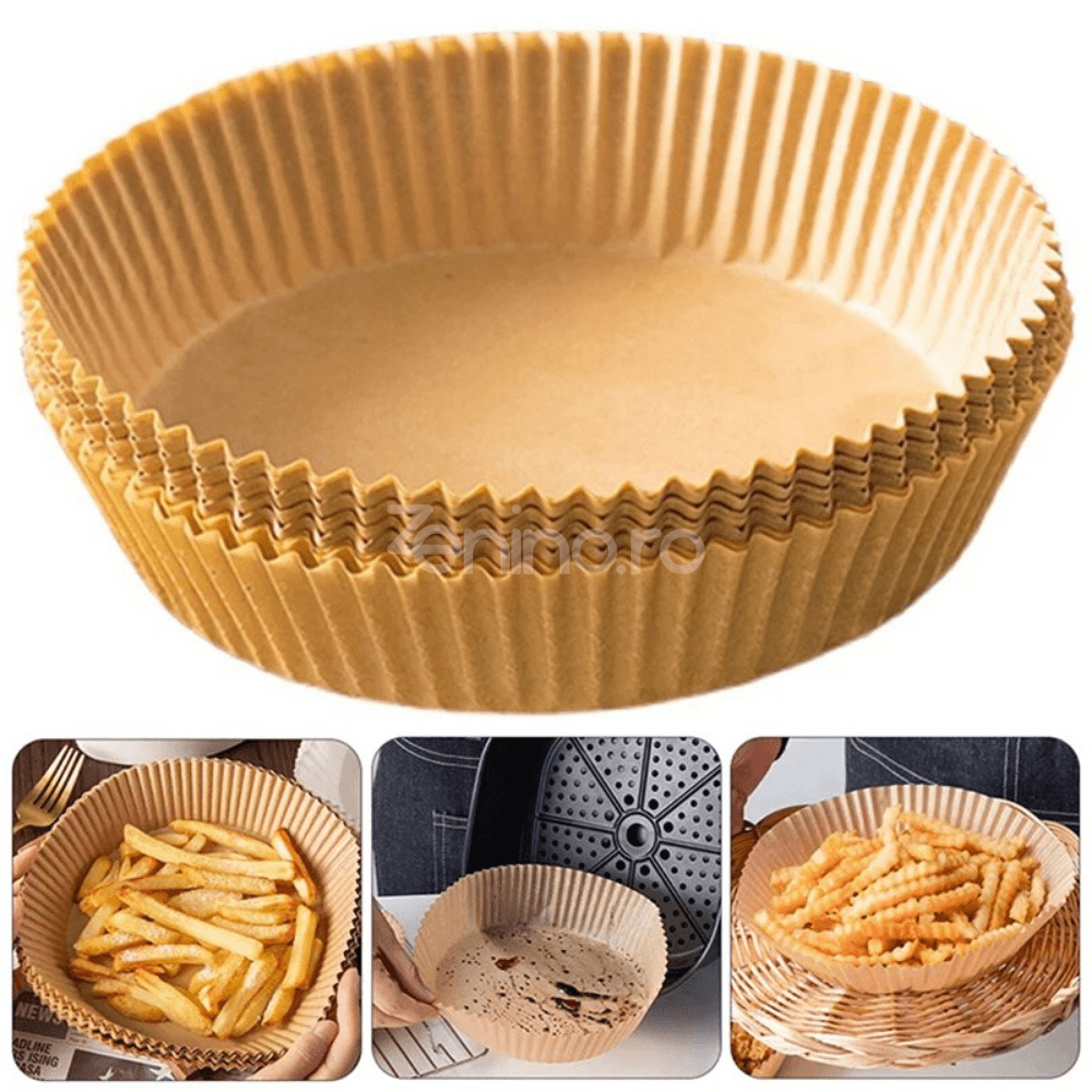 Set 100 Hartii de Copt, pentru Airfryer, Antiaderent, Rezistent la Caldura, Unica Folosinta, Model Rotund, 5x16cm, Maro