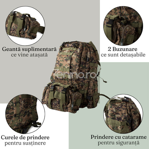 Rucsac Militar Tactic, pentru Drumetii, 48.5L, Geanta Suplimentara, Buzunare Detasabile, Centuri de Prindere, Material Rezistent, 50x55x16cm