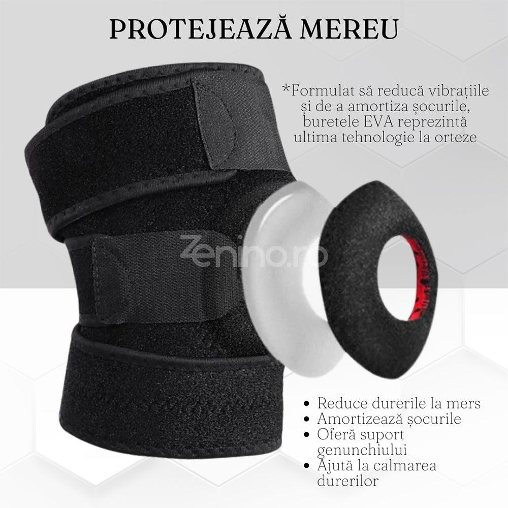 Orteza Genunchi cu 3 Prinderi, Benzi Ajustabile, Reducere Dureri, Marime Universala, Prindere Velcro, Burete EVA, Negru/Rosu