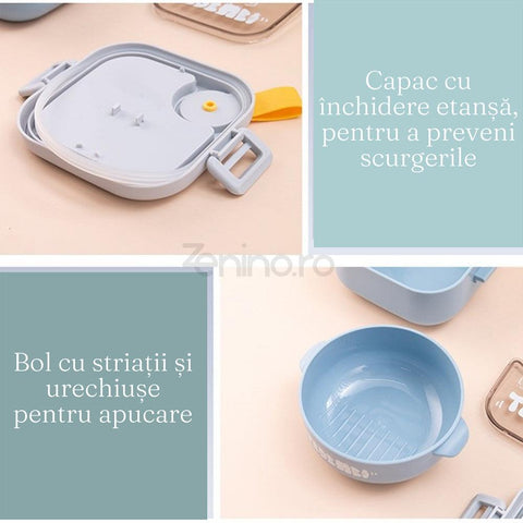 Caserola Copii 3in1, Suport Tacamuri, 2 Recipiente,  Forfecuta din Plastic, Inchidere Etansa, Material Non-Toxic,750 ml