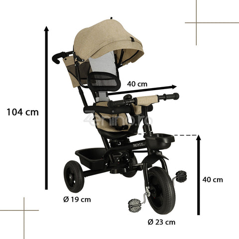Tricicleta pentru Copii, cu Scaun Reversibil, Cos Depozitare, Copertina Imperpeabila, Bare de Siguranta, 30kg, Prelata Detasabila, Crem/Gri