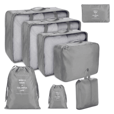 Set 8 Organizatoare Bagaj, Saculet Pantofi, Portfard, Material Impermeabil, Inchidere Cu Fermoar, pentru Calatorii, Gri, Crem