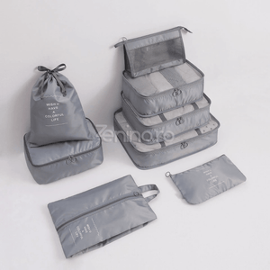 Set of 8 Luggage Organizers, Shoe Bag, Makeup Bag, Waterproof Material, Zipper Closure, for Travel, Gray, Cream